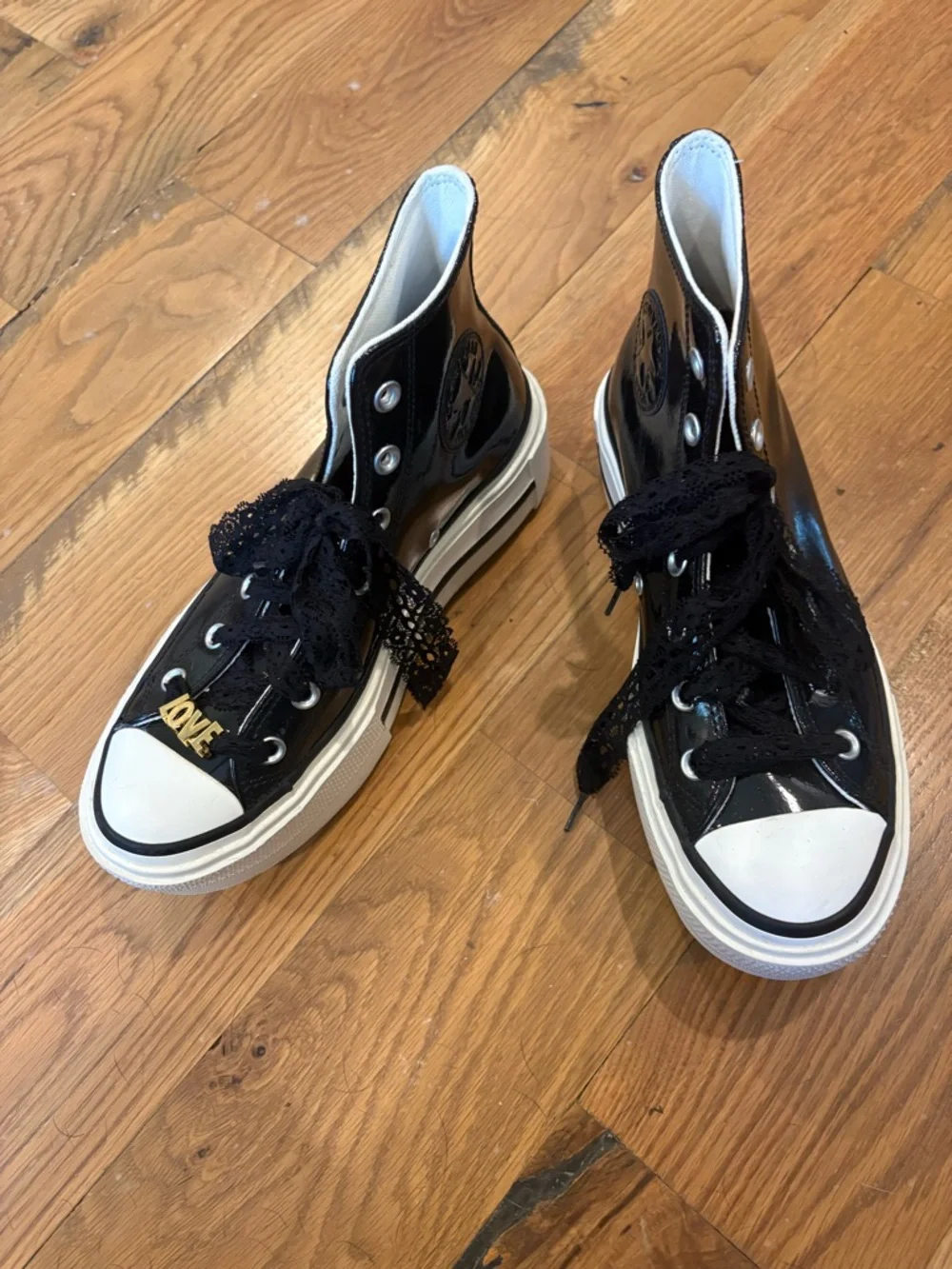 Converse Black Patent High-Top Platform Sneakers with Customized Laces for Women - Picture 3 of 8